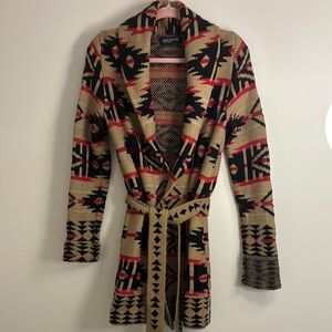 Jones New York Black and Tan Wrap Cardigan with Geometric Pattern